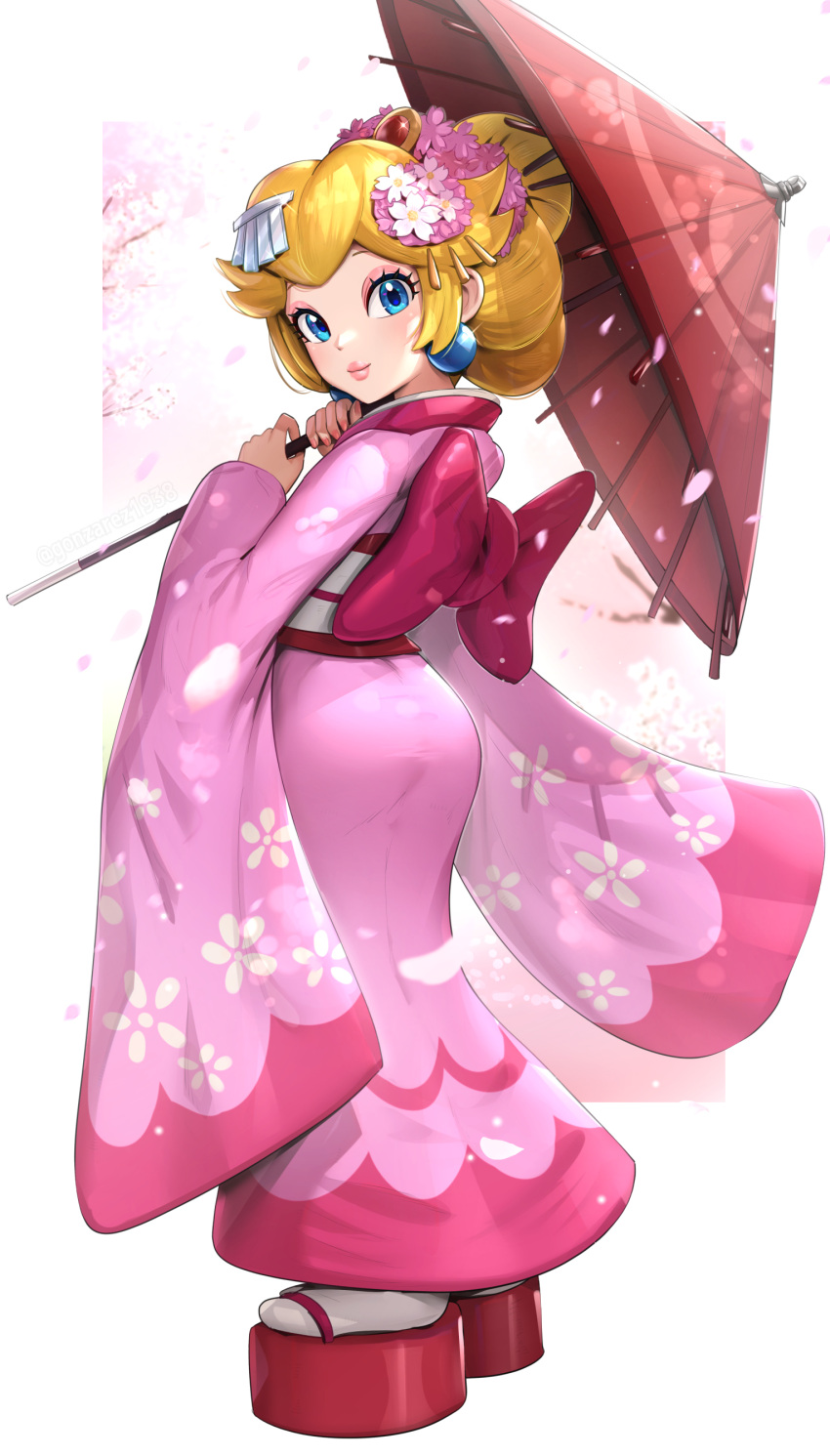 1girl absurdres ass blonde_hair blue_eyes bow carrying_over_shoulder cherry_blossoms closed_mouth earrings eyelashes eyeshadow floral_print flower from_behind full_body glint gonzarez hair_flower hair_ornament hair_stick highres holding holding_umbrella japanese_clothes jewelry kanzashi kimono lips long_sleeves looking_at_viewer makeup mario_(series) nail_polish nihongami obi official_alternate_costume official_alternate_hairstyle oil-paper_umbrella okobo petals pink_background pink_eyeshadow pink_flower pink_kimono pink_lips pink_nails platform_footwear princess_peach princess_peach_(kimono) print_kimono sandals sash short_hair smile socks solo standing tabi thick_lips tsumami_kanzashi umbrella white_background white_sash white_socks wide_sleeves