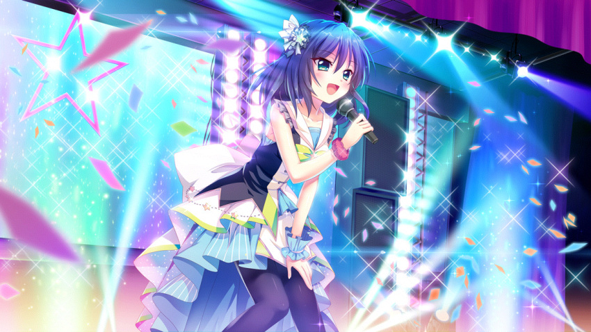 1girl bare_shoulders black_leggings black_pantyhose blue_eyes blue_hair blue_skirt blue_wristband bow brooch collarbone concert confetti dress film_grain frilled_dress frilled_wristband frills game_cg glint green_bow hair_ornament hand_on_own_leg holding holding_microphone honjou_kasumi idol idol_clothes izumi_tsubasu jewelry layered_skirt leaning_forward leggings medium_hair microphone multicolored_clothes multicolored_skirt non-web_source official_art open_mouth pantyhose pink_wristband re:stage! short_dress skirt sleeveless sleeveless_dress smile solo sparkle speaker stage_lights star_(symbol) star_brooch striped striped_skirt vertical-striped_skirt vertical_stripes white_skirt