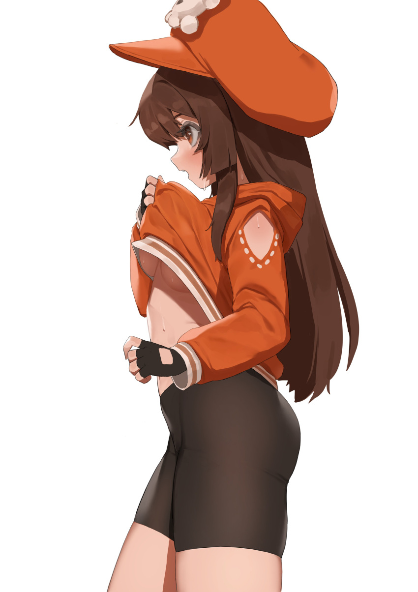 1girl absurdres bike_shorts breasts brown_hair clothes_lift fingerless_gloves flasso gloves guilty_gear guilty_gear_strive hat highres hood hoodie hoodie_lift may_(guilty_gear) orange_eyes orange_headwear orange_hoodie orange_shirt pirate_hat shirt skull_and_crossbones solo underboob white_background