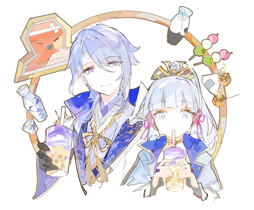 1boy 1girl alcohol black_gloves blue_eyes blue_hair blunt_bangs blunt_tresses brother_and_sister bubble_tea collared_jacket commentary cropped_torso cup dango drinking drinking_straw ezu_(e104mjd) flower_knot food genshin_impact gloves gold_trim hair_ribbon holding holding_food jacket kamisato_ayaka kamisato_ayato light_blue_hair long_sleeves mole mole_under_eye onigiri ponytail purple_eyes ribbon rope sakazuki sake siblings simple_background smile symbol-only_commentary takoyaki tress_ribbon wagashi white_background white_jacket wide_sleeves