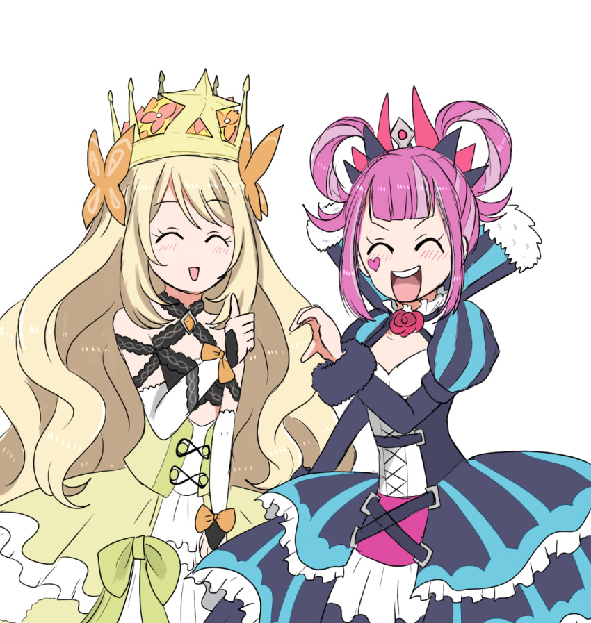 2girls blonde_hair blue_dress blunt_bangs bug butterfly celine_(fire_emblem) closed_eyes crown detached_sleeves dress facial_mark facing_viewer fire_emblem fire_emblem_engage flower green_dress hair_flower hair_ornament hair_rings half-heart_hands heart heart_facial_mark hortensia_(fire_emblem) long_sleeves multiple_girls norinori_omaru open_mouth pink_hair teeth thumbs_up upper_teeth_only white_background