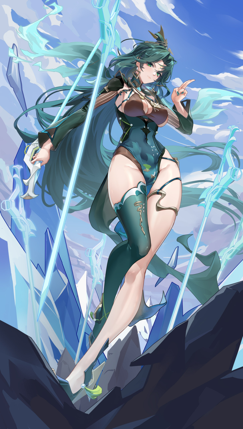 1girl absurdres armpits bare_legs breasts china_dress chinese_clothes cleavage cleavage_cutout clothing_cutout covered_navel dress facial_mark forehead_mark green_dress green_eyes green_hair green_thighhighs highres holding holding_sword holding_weapon large_breasts lazgear ling_han_(tower_of_fantasy) long_hair long_sleeves looking_at_viewer no_panties outdoors parted_bangs pelvic_curtain shoes single_thighhigh solo standing sword thighhighs thighlet thighs tower_of_fantasy very_long_hair weapon