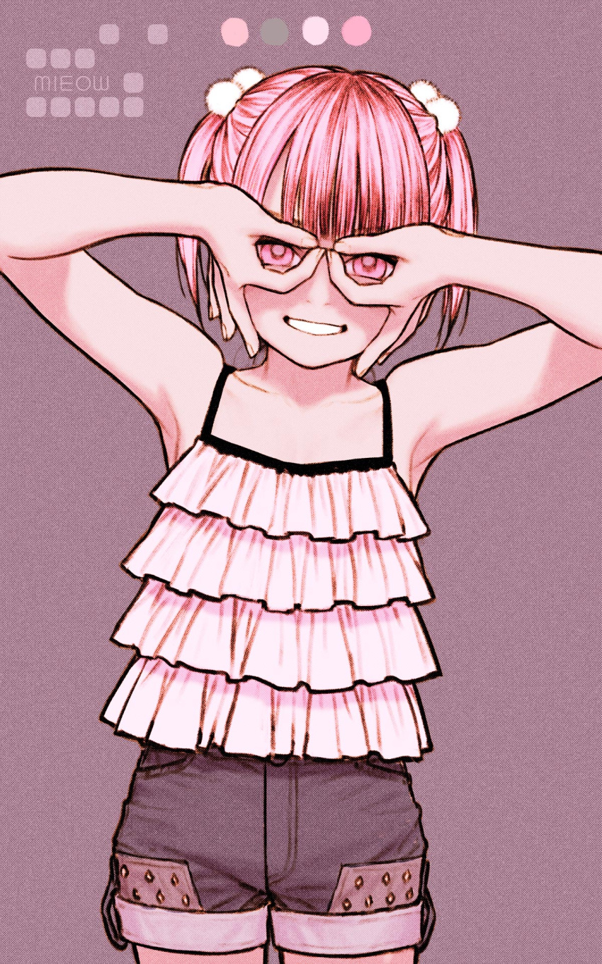 1girl armpits arms_up bare_arms bare_shoulders camisole circle_name color_guide cowboy_shot fingernails flat_chest frills grin hair_bobbles hair_ornament halftone hand_glasses highres looking_at_viewer original pink_eyes pink_hair rustle short_hair short_shorts short_twintails shorts simple_background smile solo spaghetti_strap standing twintails