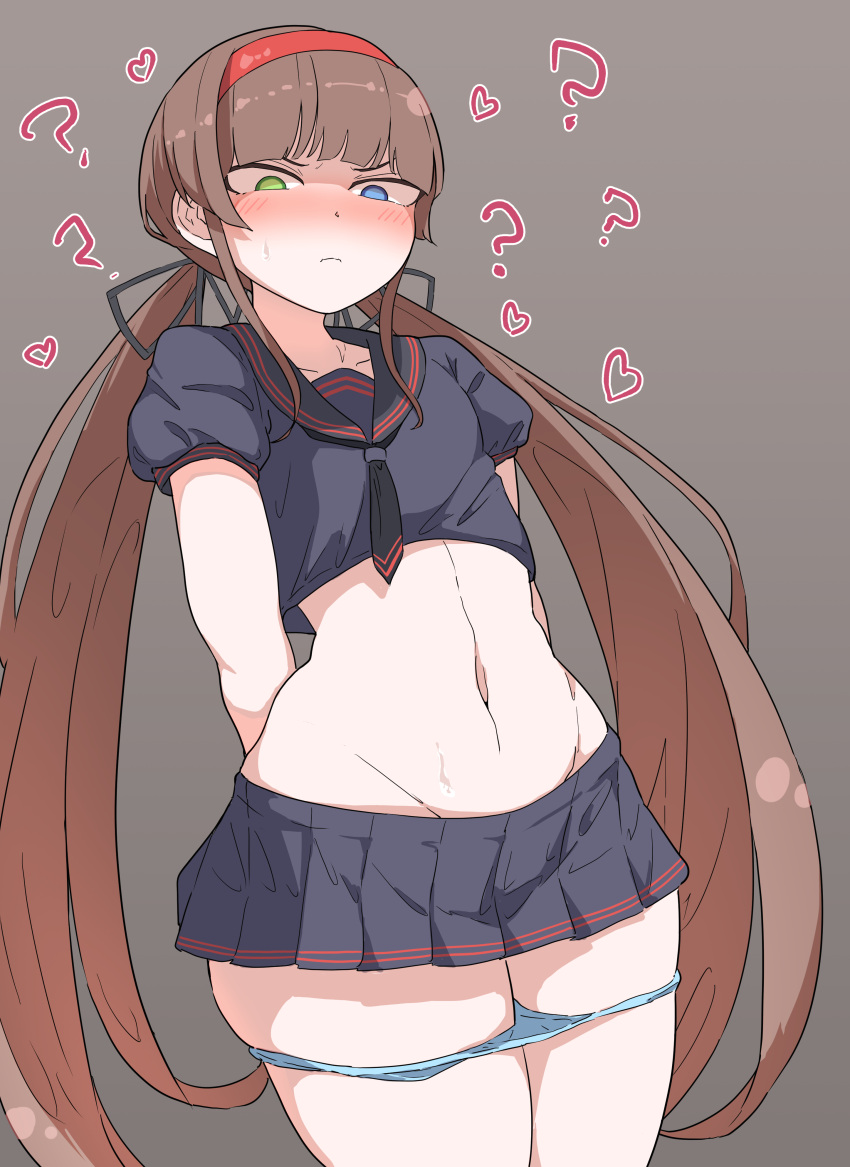 1girl ? absurdres arms_behind_back black_serafuku blush brown_hair cowboy_shot crop_top grey_background hairband heart heterochromia highres hip_bones hypnosis inaiti_ina light_frown long_hair looking_down low_twintails microskirt mind_control navel nose_blush panties panty_pull red_hairband revealing_clothes ryoubi_(senran_kagura) school_uniform senran_kagura serafuku skirt solo squinting stomach thighs twintails underwear very_long_hair