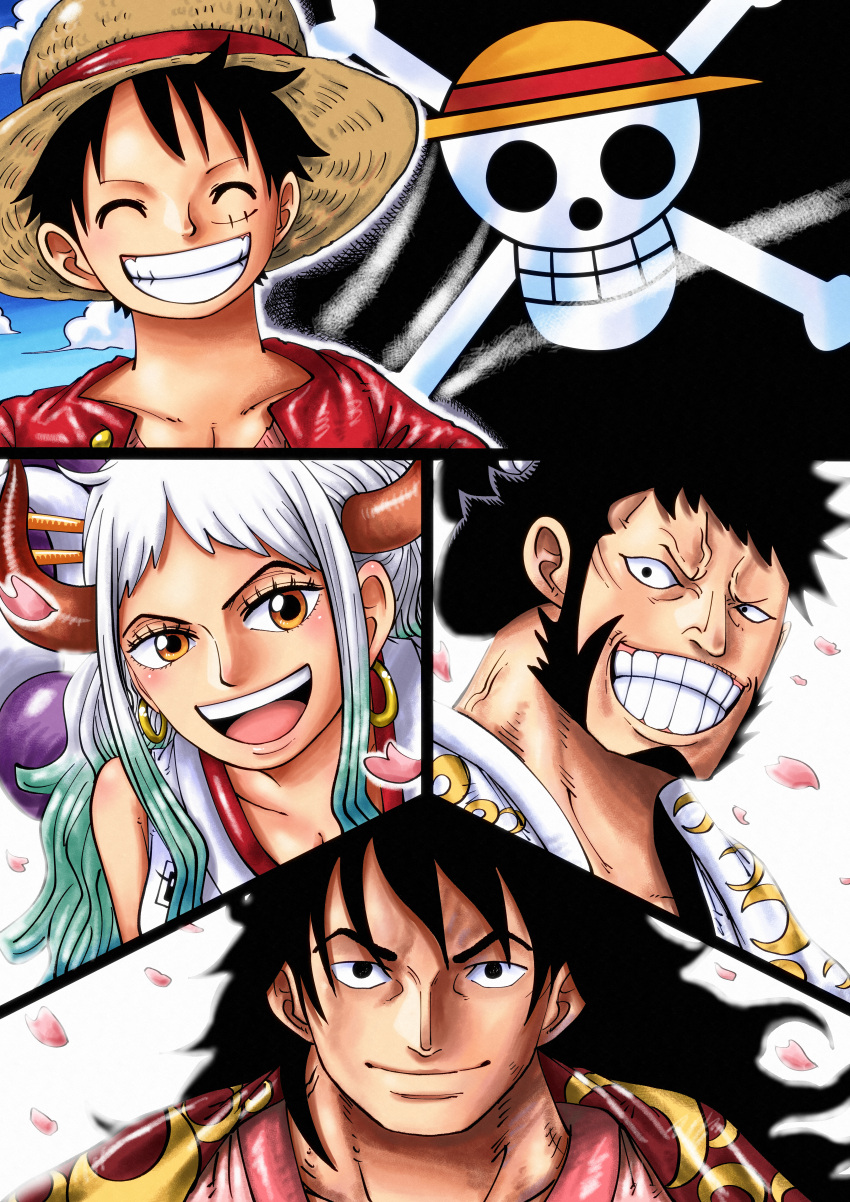 1girl 3boys absurdres black_hair closed_eyes closed_mouth earrings hat highres horns jewelry kinemon long_hair looking_at_viewer momonosuke_(one_piece) monkey_d._luffy multicolored_hair multiple_boys one_piece oni_horns riku_(rikuw223xx) short_hair smile straw_hat yamato_(one_piece)