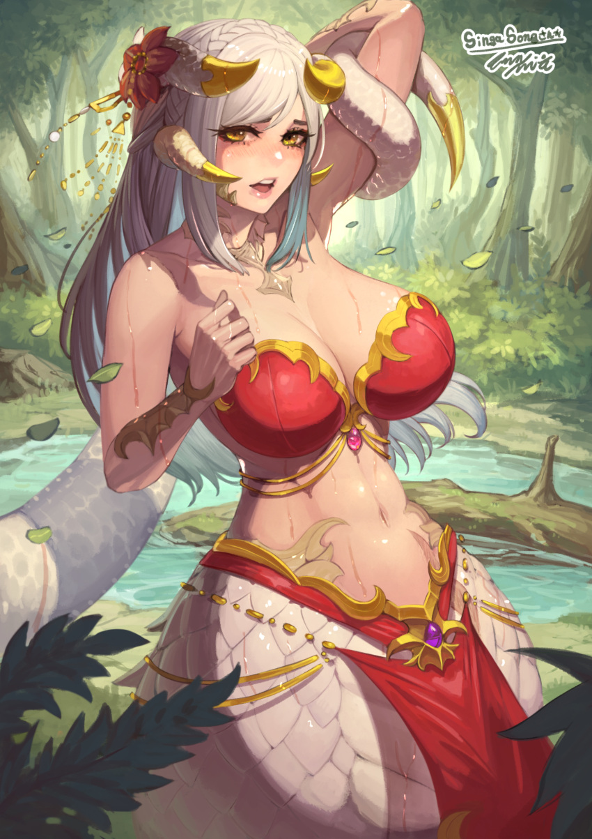 1girl absurdres arm_up braid breasts commission crown_braid eguchi_tumoru flower gold hair_flower hair_ornament highres horns jewelry lake lamia large_breasts leaf looking_at_viewer monster_girl nature navel open_mouth original scales sidelocks skeb_commission solo tree wet white_hair yellow_eyes