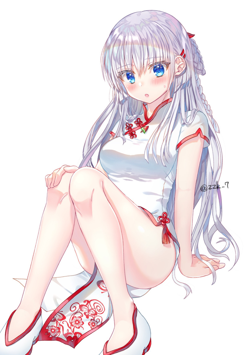 1girl arm_at_side arm_support blue_eyes blunt_ends blush braid breasts china_dress chinese_clothes commentary_request commission curvy dress eyelashes eyes_visible_through_hair feet_out_of_frame hair_between_eyes hair_ornament hairclip hand_on_own_thigh highres knees_together_feet_apart knees_up legs long_hair looking_at_viewer medium_breasts naruse_shiroha open_mouth red_tassel short_sleeves shy sidelocks simple_background single_braid sitting skeb_commission solo summer_pockets sweatdrop thighs twitter_username very_long_hair white_background white_dress white_footwear white_hair zuzuhashi