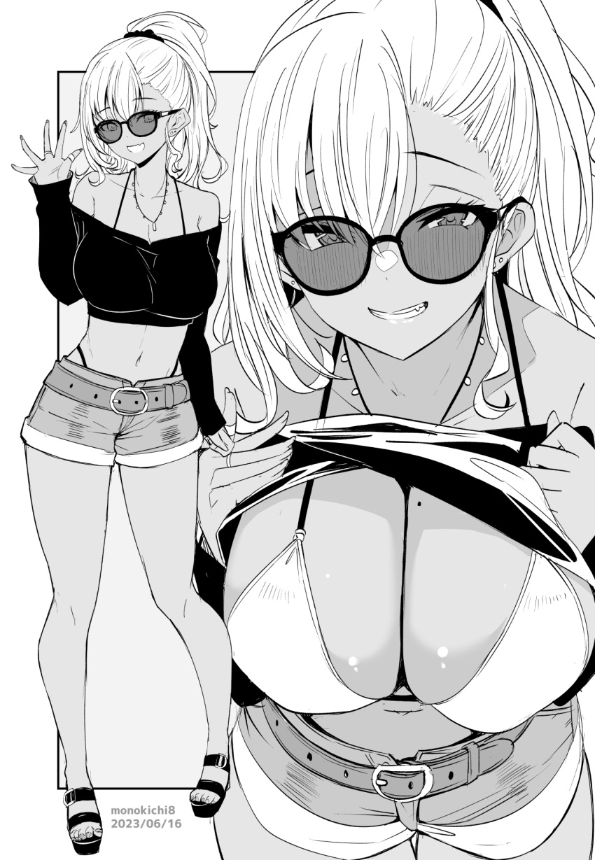 1girl artist_name belt bikini breasts clenched_teeth collarbone crop_top crop_top_lift dark-skinned_female dark_skin dated full_body grey_background greyscale highres jewelry kichihachi large_breasts lifted_by_self looking_at_viewer mole mole_on_breast monochrome multiple_views necklace original ponytail ring sandals short_hair short_shorts shorts smile standing sunglasses swimsuit tail teeth toes two-tone_background white_background