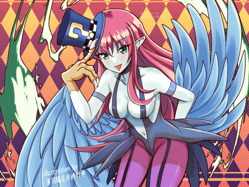 1girl artist_name bare_shoulders blue_skin breasts claws colored_skin duel_monster feathered_wings green_eyes harpie_lady harpie_lady_(normal_monster) harpy highres large_breasts long_hair magical_hats monster_girl pointy_ears red_hair slingshot_swimsuit solo swimsuit tongue tongue_out usuba-kagerou@syugyoutyuu winged_arms wings yu-gi-oh!