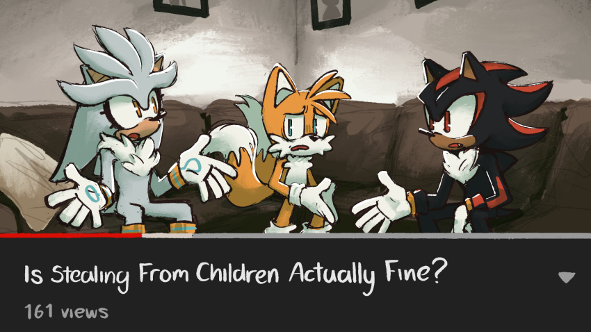 3boys alt_text animal_ears animal_nose blue_eyes commentary couch english_commentary english_text fox_boy fox_ears fox_tail furry furry_male gloves highres indoors lemonlumens looking_at_another male_focus multiple_boys multiple_tails on_couch open_mouth own_hands_together red_eyes shadow_the_hedgehog silver_the_hedgehog sitting sonic_(series) tail tails_(sonic) two_tails video_thumbnail white_gloves yellow_eyes youtube