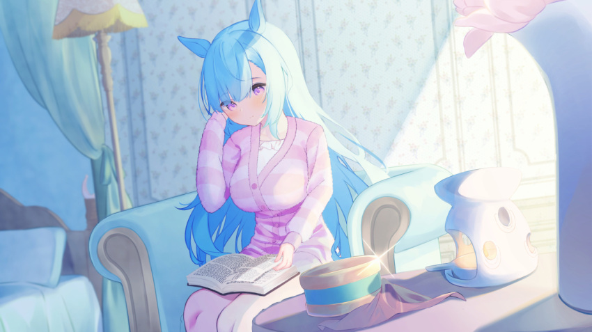 1girl animal_ears armchair bed blue_hair blush book breasts chair closed_mouth commentary_request frilled_shirt frills hand_up horse_ears indoors jacket lamp large_breasts long_hair long_sleeves looking_at_viewer mejiro_ardan_(umamusume) on_chair open_book pillow purple_eyes roido_(taniko-t-1218) shirt solo striped striped_jacket umamusume very_long_hair white_shirt