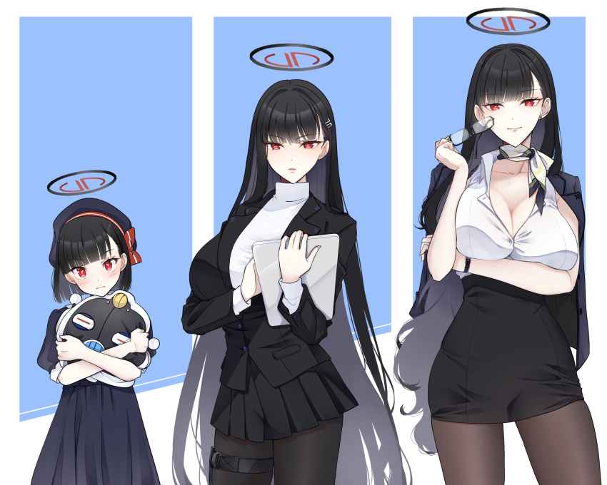 1girl age_progression aged_down aged_up black_hair black_pantyhose black_skirt blue_archive blunt_bangs blush bow breasts cleavage hair_bow hair_ornament hairclip halo highres holding holding_eyewear jacket large_breasts long_hair long_sleeves looking_at_viewer pantyhose pleated_skirt red_eyes rio_(blue_archive) short_hair skirt sweater turtleneck turtleneck_sweater very_long_hair white_sweater yoru0409