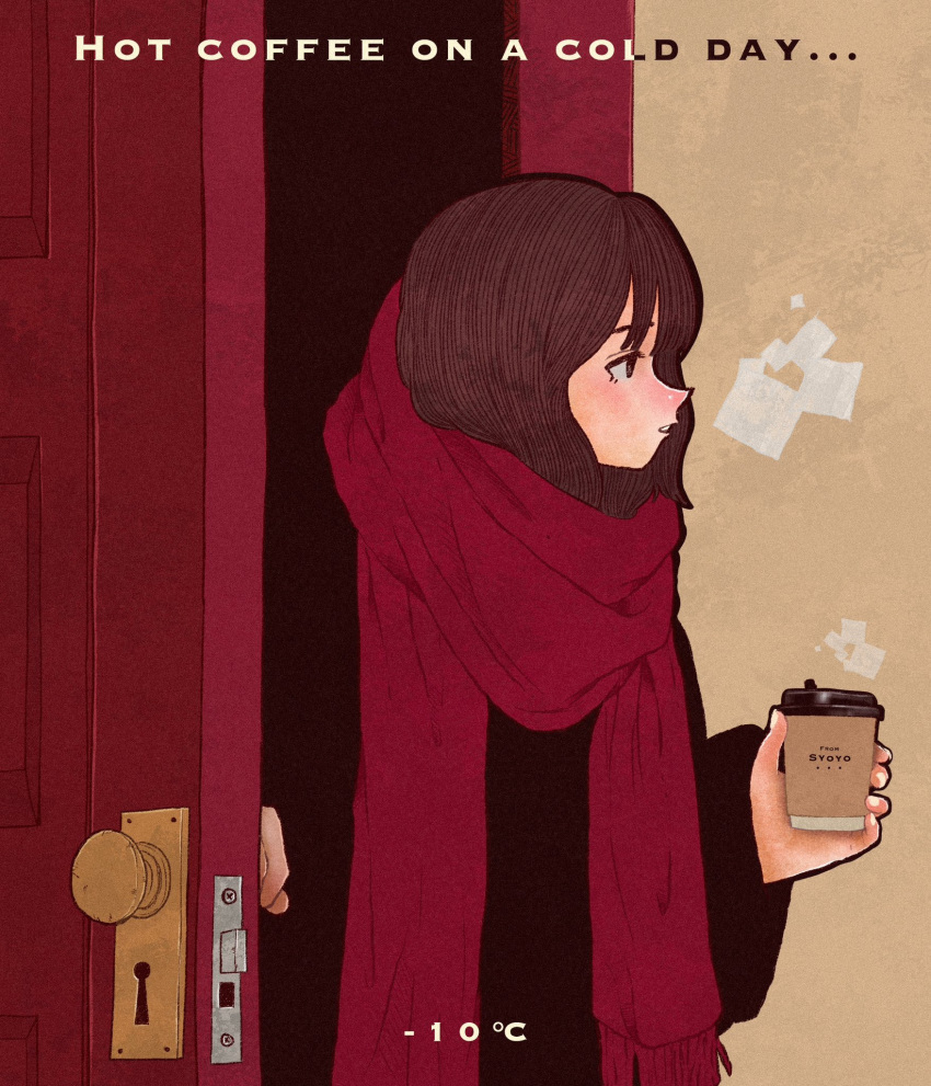 1girl black_coat brown_hair coat coffee cup door english_text highres holding holding_cup original parted_lips profile red_scarf scarf solo steam syooooyoooo upper_body