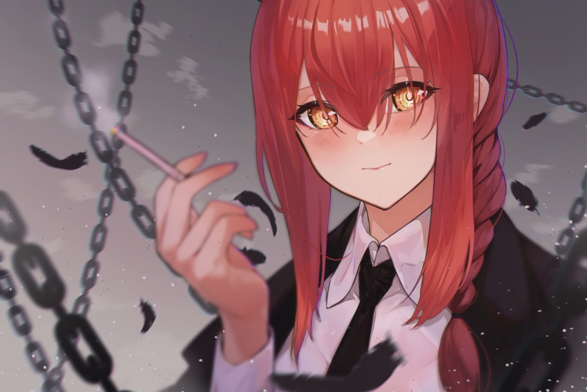 1girl black_jacket black_necktie blush braid braided_ponytail breasts chain chainsaw_man cigarette closed_mouth collared_shirt dress_shirt feathers highres jacket jacket_on_shoulders large_breasts long_hair long_sleeves looking_at_viewer makima_(chainsaw_man) necktie red_hair ringed_eyes shirt sidelocks solo ura_illust white_shirt yellow_eyes