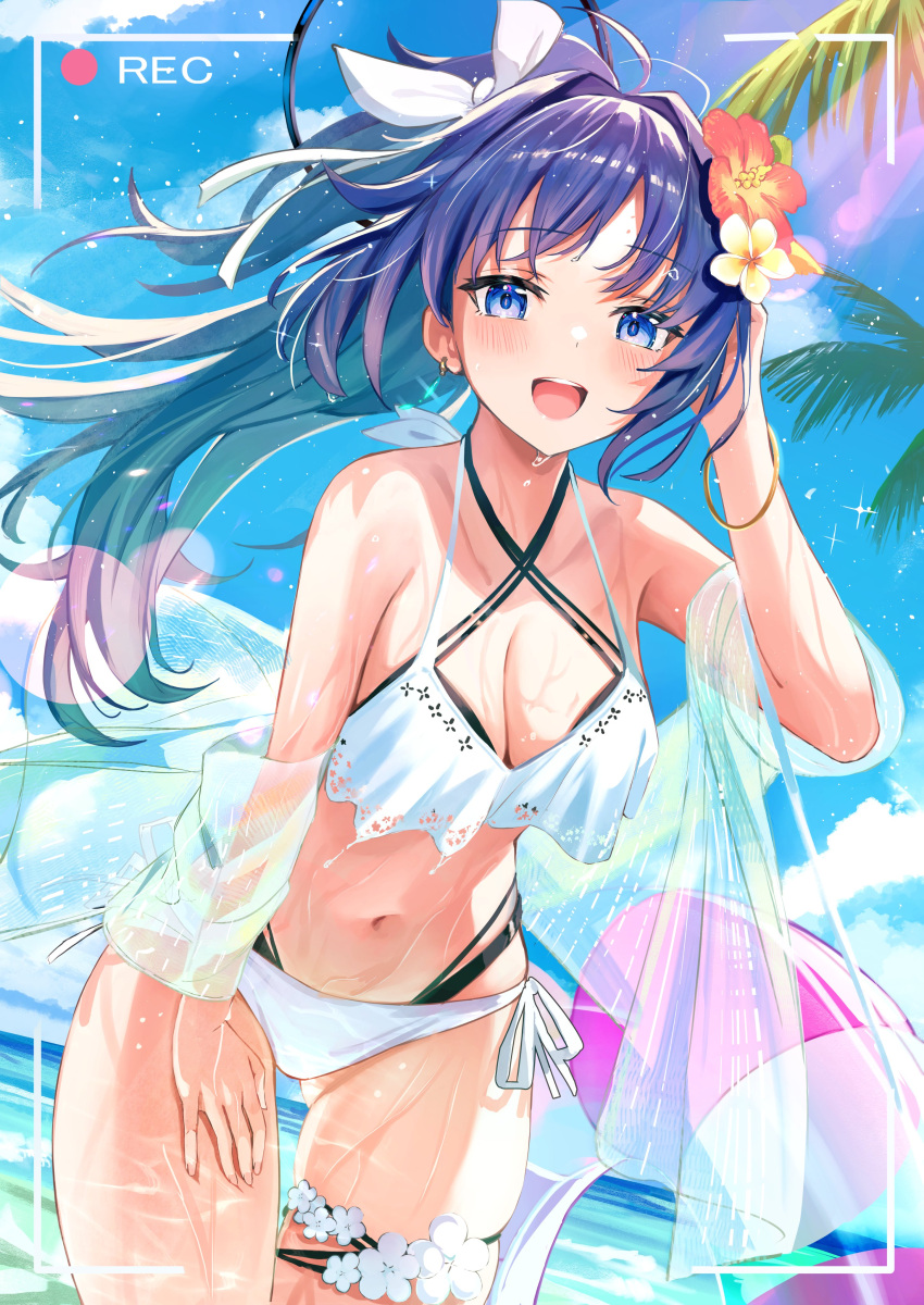 1girl absurdres bangle beach bikini blue_archive blue_eyes blush bow bracelet breasts cleavage cloud cloudy_sky commentary_request cross-laced_bikini cross-laced_clothes flower hair_bow hand_on_own_thigh highleg highleg_bikini highres innertube jewelry large_breasts leaning_forward long_hair looking_at_viewer ocean open_mouth palm_tree purple_hair see-through side-tie_bikini_bottom sky smile swimsuit swimsuit_cover-up thigh_strap tree tsubameno wet white_bikini white_bow white_flower yuuka_(blue_archive)