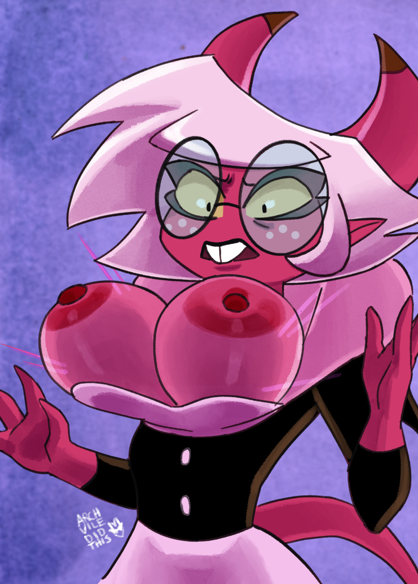 archvile_(artist) background_character big_breasts breasts clothed clothing demon demon_humanoid eyewear female glasses hair helluva_boss hi_res horn humanoid open_mouth partially_clothed pink_body simple_background solo succubus tail teeth thick_thighs white_hair
