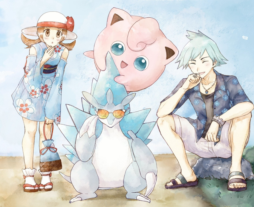 1boy 1girl alolan_sandslash asuka_rkgk blue_kimono blush bracelet brown_eyes brown_hair claws closed_eyes collared_shirt commentary_request day detached_sleeves grass hand_up hat highres holding japanese_clothes jewelry jigglypuff kimono long_hair lyra_(pokemon) lyra_(summer_2020)_(pokemon) necklace official_alternate_costume open_mouth outdoors parted_lips pokemon pokemon_(creature) pokemon_(game) pokemon_masters_ex pouch ring rock sandals shirt short_hair shorts sitting smile socks spiked_hair steven_stone steven_stone_(summer_2020) sunglasses toes twintails undershirt white_headwear white_socks yukata