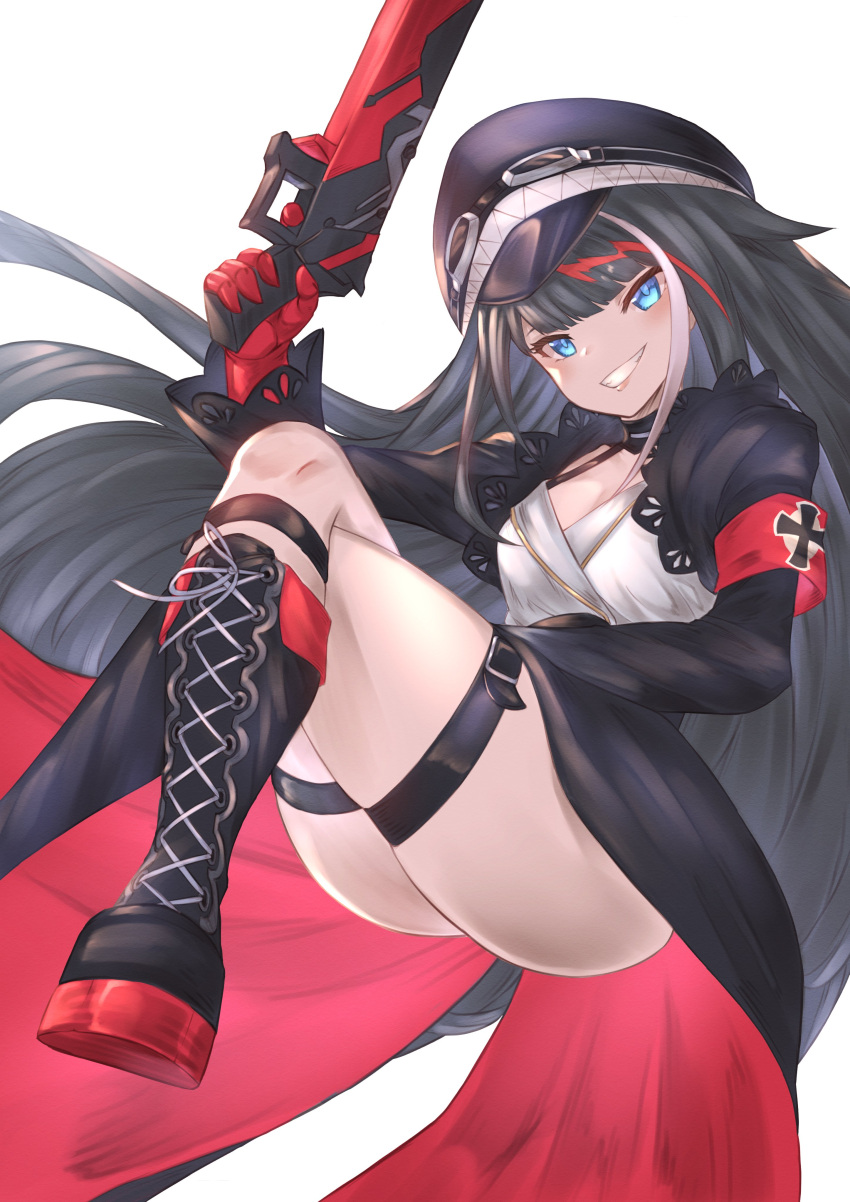 1girl absurdres armband azur_lane black_footwear black_hair blue_eyes boots buttons coat cross crossed_legs deutschland_(azur_lane) double-breasted goggles goggles_on_headwear gun hat highres holding holding_weapon iron_cross long_coat long_hair majinno multicolored_hair peaked_cap red_armband red_hair shirt simple_background smile solo streaked_hair thigh_strap thighs very_long_hair weapon white_background white_hair white_shirt