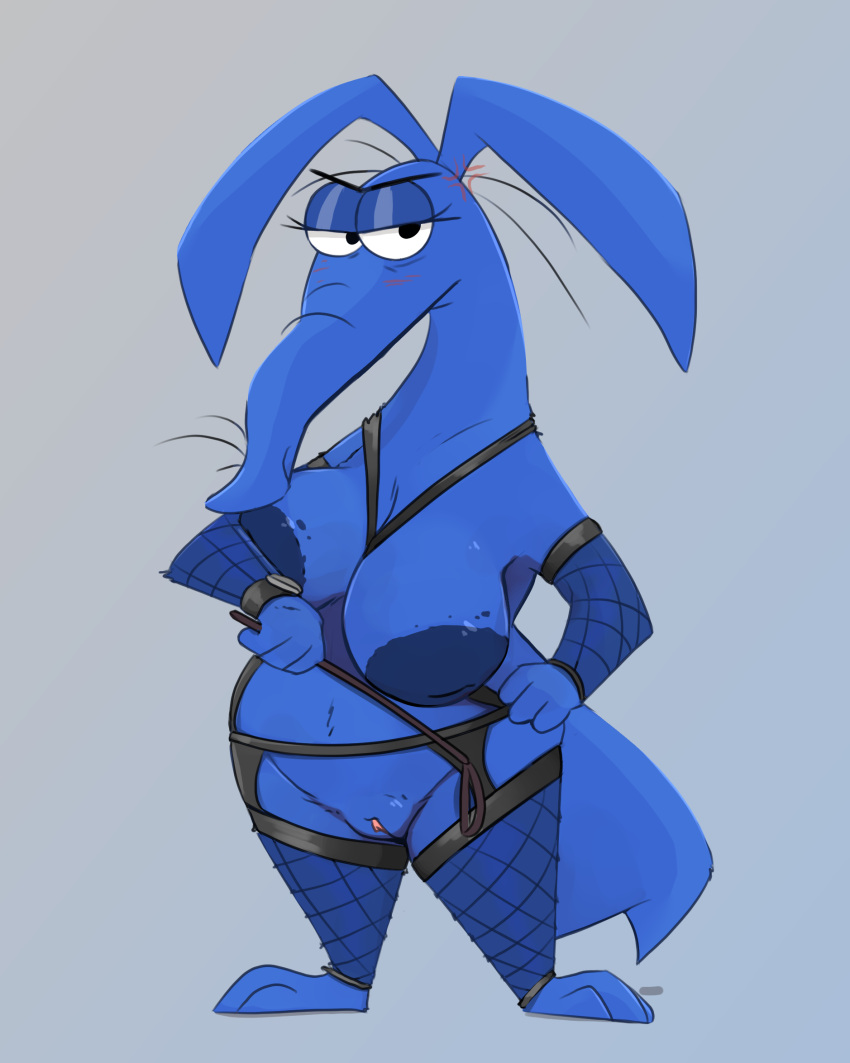 2023 aardvark anthro blue_body blush blush_lines breasts cross-popping_vein crossgender dominatrix female garter_belt garter_belt_leggings garter_straps genitals hi_res honeymono inverted_nipples looking_at_viewer mammal nipples pussy solo the_ant_and_the_aardvark