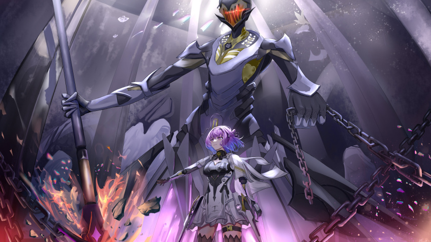 1girl 1other absurdres alisa_(punishing:_gray_raven) aqua_hair black_thighhighs chain closed_mouth dress glowing glowing_eyes gradient_hair grey_dress helmet highres holding holding_chain holding_polearm holding_weapon humanoid_robot joints mechanical_arms medium_hair multicolored_hair polearm punishing:_gray_raven purple_eyes purple_hair robot robot_joints sidelocks thigh_strap thighhighs weapon wuzoto