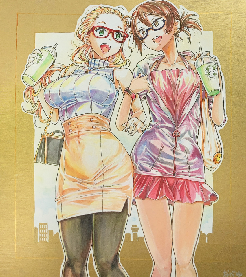2girls absurdres artist_name bag bandaged_fingers bandages bespectacled black-framed_eyewear black_pantyhose blonde_hair bracelet brown_eyes brown_hair carrying coffee_cup commentary_request commission covered_navel cup disposable_cup dress drinking_straw girls_und_panzer glasses green_eyes hair_pulled_back halter_shirt halterneck handbag high-waist_skirt highres holding holding_cup hood hood_down hoodie jewelry kawanishi_shinobu locked_arms long_hair looking_at_another miniskirt multiple_girls nabeyu open_mouth pantyhose partially_unzipped pencil_skirt pixiv_commission red-framed_eyewear red_dress ribbed_shirt ring sasaki_akebi semi-rimless_eyewear shikishi shirt short_dress short_hair short_ponytail short_sleeves side-by-side signature skirt sleeveless sleeveless_shirt smile standing traditional_media turtleneck under-rim_eyewear white_hoodie white_shirt yellow_skirt