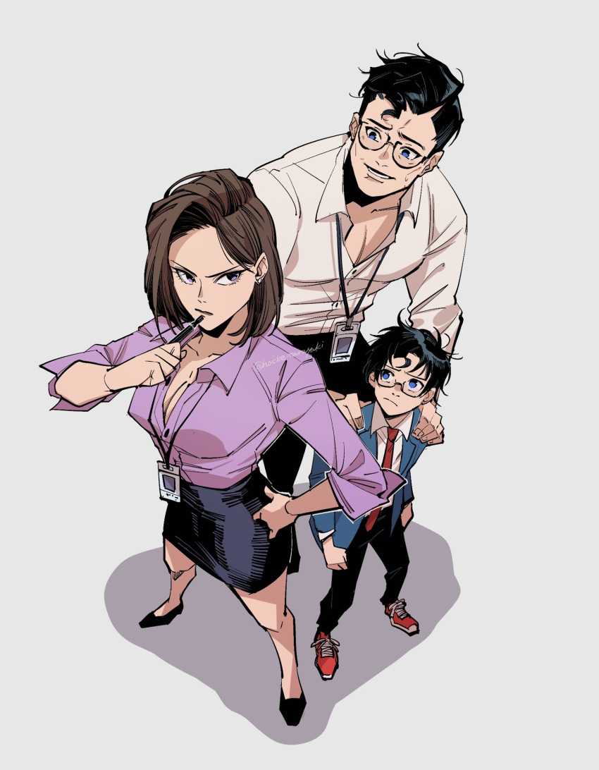 1girl 2boys black_footwear black_hair black_pants black_skirt blue_eyes blue_jacket breasts brown_hair clark_kent cleavage closed_mouth collarbone collared_shirt dc_comics earrings father_and_son full_body glasses grey_background hair_behind_ear hand_on_hip hands_on_another's_shoulders highres hokkemaruyaki holding holding_pen husband_and_wife jacket jewelry jonathan_kent lois_lane long_sleeves looking_at_another male_child medium_breasts medium_hair mother_and_son multiple_boys necktie pants parted_lips pen pencil_skirt purple_eyes red_footwear red_necktie reporter serious shirt simple_background skirt stud_earrings superboy superman superman_(series) sweatdrop twitter_username