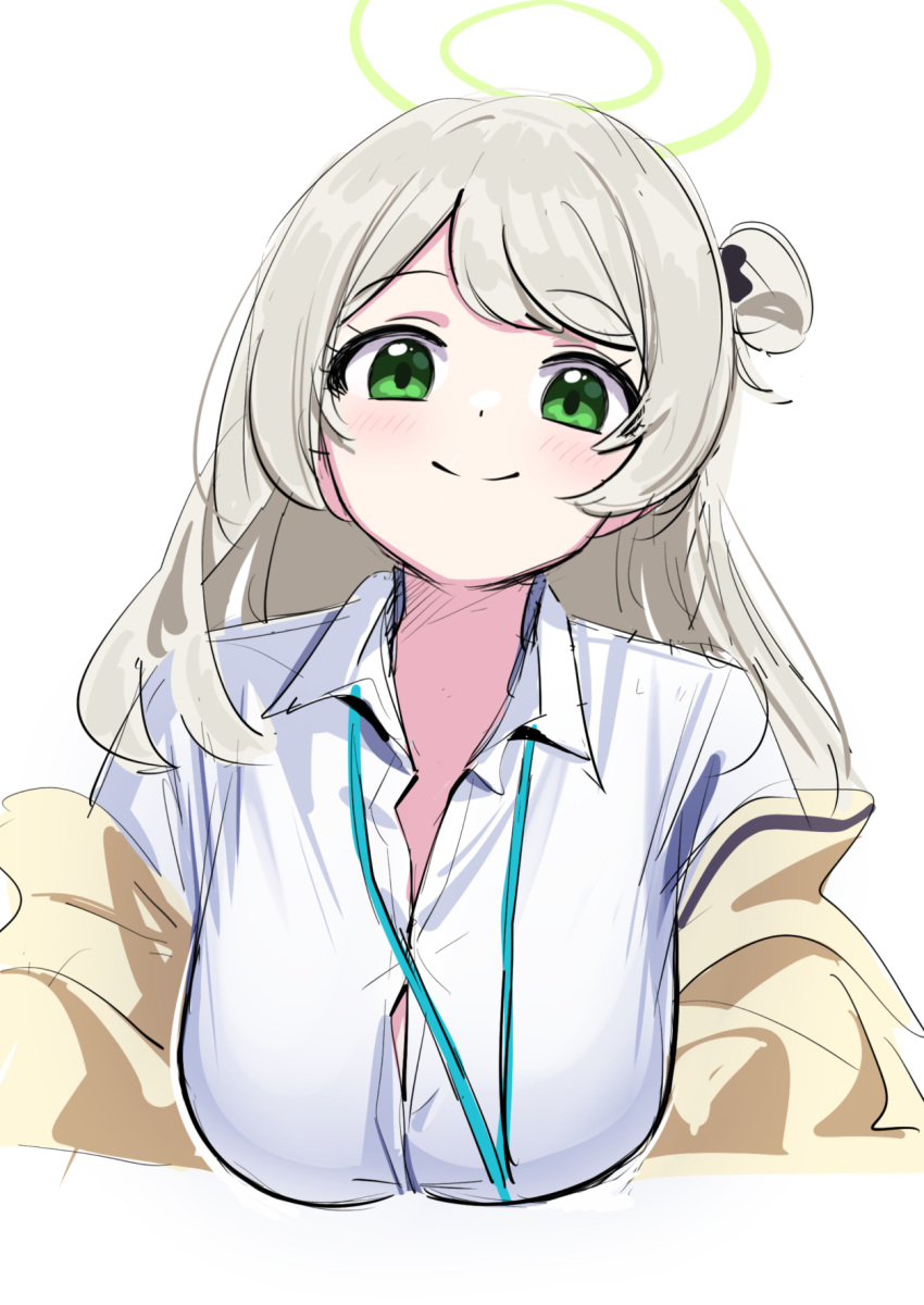 1girl blue_archive blush breasts button_gap cleavage closed_mouth collared_shirt deadnooodles green_eyes green_halo grey_hair hair_bun halo highres lanyard large_breasts long_hair looking_at_viewer nonomi_(blue_archive) shirt single_hair_bun sketch smile solo upper_body white_shirt
