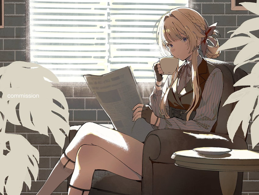1girl armchair backlighting black_gloves black_vest blinds blonde_hair blue_eyes blunt_bangs blush braid brick_wall chair closed_mouth commission crossed_legs cup dm_owr english_text fingerless_gloves girls'_frontline gloves grey_shirt hair_intakes hair_ribbon holding holding_cup indoors legwear_garter long_hair long_sleeves looking_at_viewer newspaper plant ribbon saucer shirt sidelocks sitting solo striped striped_shirt table teacup vest welrod_mkii_(girls'_frontline) window