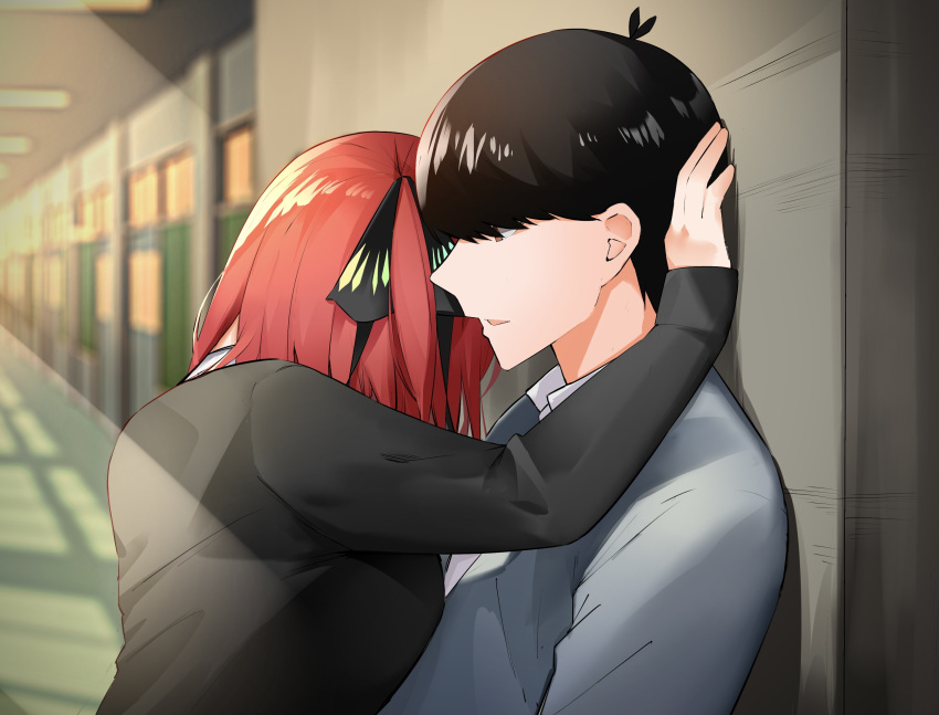 1boy 1girl absurdres antenna_hair black_hair black_sweater blue_sweater blurry blurry_background breast_press breasts brown_eyes butterfly_hair_ornament commentary_request day depth_of_field from_side go-toubun_no_hanayome hair_ornament hand_on_wall hand_up heads_together hetero highres indoors kabedon large_breasts light_rays mame1645 medium_hair nakano_nino nose open_mouth perspective profile red_hair school school_uniform short_hair sleeves_past_wrists straight_hair sunbeam sunlight sweater swept_bangs two_side_up uesugi_fuutarou upper_body