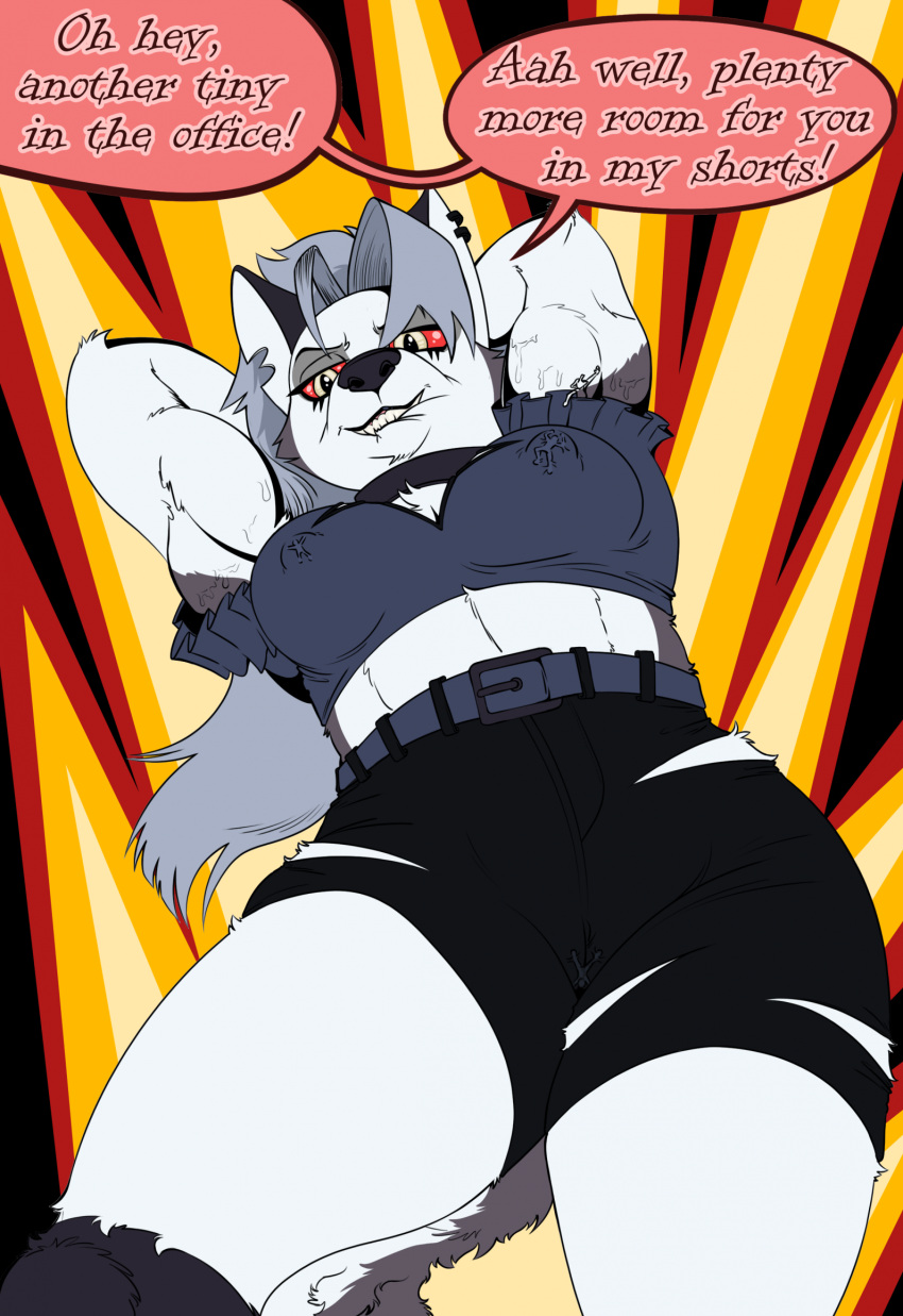 2023 anthro belt bite biting_lip bottomwear canid canid_demon clothing demon dialogue digital_media_(artwork) dudertron english_text entrapment exclamation_point extreme_size_difference female hellhound helluva_boss hi_res larger_female loona_(helluva_boss) mammal micro midriff muscular muscular_anthro muscular_female shorts size_difference text torn_bottomwear torn_clothing torn_shorts trapped_in_clothing trapped_in_shorts