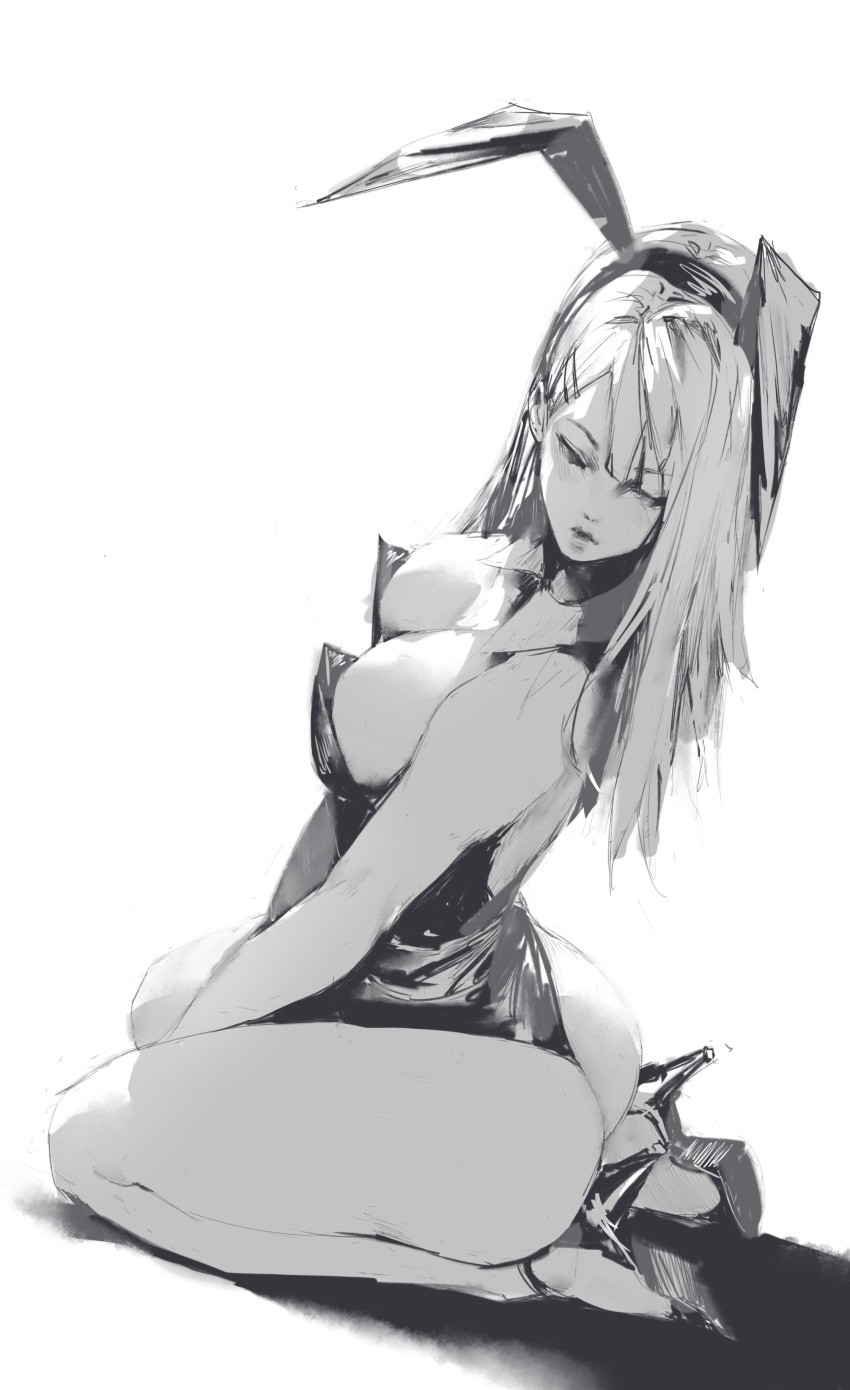 1girl absurdres animal_ears ass breasts cleavage collar cropped_arms erospanda facing_viewer fake_animal_ears greyscale half-closed_eyes high_heels highres large_breasts leotard monochrome original playboy_bunny rabbit_ears seiza shadow simple_background sitting sketch solo strapless strapless_leotard thick_thighs thighs white_background