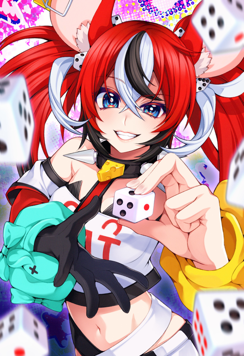 1girl animal_ears black_gloves black_hair black_skirt blue_eyes breasts collar dice_hair_ornament gloves grin hair_ornament hakos_baelz hakos_baelz_(1st_costume) highres holding_dice hololive hololive_english long_hair looking_at_viewer medium_breasts mouse_ears mouse_girl multicolored_clothes multicolored_hair multicolored_skirt murmoruno navel parted_lips red_hair red_skirt single_glove skirt smile solo spiked_collar spikes strapless streaked_hair teeth tube_top twintails virtual_youtuber white_hair white_skirt white_tube_top