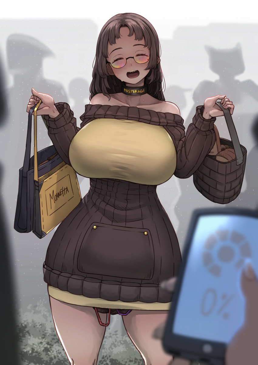 1girl ^_^ absurdres bag black_collar blurry blurry_background blurry_foreground blush bread breasts brown_dress brown_hair closed_eyes collar collarbone controller crowd dress english_commentary facing_viewer food highres holding holding_phone holding_weapon huge_breasts impossible_clothes impossible_dress long_hair long_sleeves mistimagi mistimagi_(character) mole mole_under_eye off-shoulder_dress off_shoulder open_mouth original phone pov pov_hands public_indecency public_vibrator remote_control remote_control_vibrator ribbed_dress sex_toy shopping_bag shopping_basket solo_focus sweatdrop sweater sweater_dress teeth upper_teeth_only vibrator vibrator_under_clothes weapon when_you_see_it wireless_sex_toy_controller