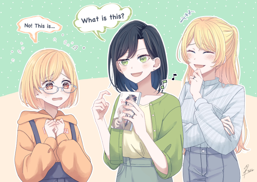 3girls black_hair blonde_hair brown_eyes family fujoshi glasses green_eyes hand_on_own_chin highres irene_(ricky_barnes) jewelry long_hair maya_(ricky_barnes) mimi_(ricky_barnes) mother_and_daughter multiple_girls nervous original pale_skin raised_eyebrow reyravi1024 ring short_hair wedding_ring wife_and_wife yaoi yuri