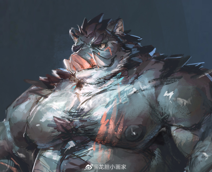 1boy animal_ears aqua_fur bara belly big_belly blue_fur boar_boy boar_ears furry furry_male highres huge_pectorals lindong looking_ahead male_focus muscular muscular_male nipples nude original plump scar scar_on_cheek scar_on_face short_hair smile solo stomach strongman_waist thick_eyebrows tusks upper_body v-shaped_eyebrows