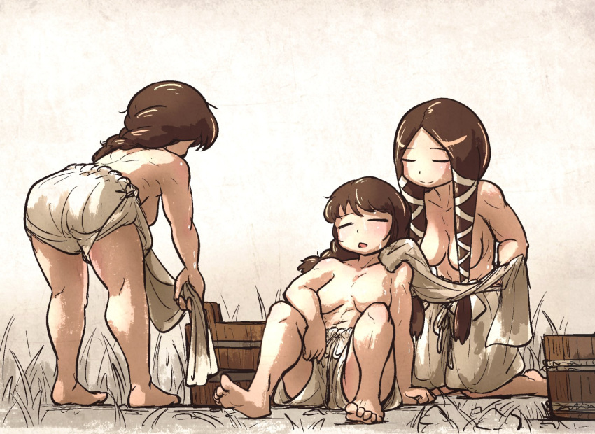 3girls barefoot bloomers breasts bucket cleavage closed_eyes flora_sister_(ironlily) grass highres ironlily multiple_girls ordo_mediare_sisters_(ironlily) sideboob single_braid_sister_(ironlily) sitting sweat topless twin_braids_sister_(ironlily) underwear wet wet_clothes white_bloomers
