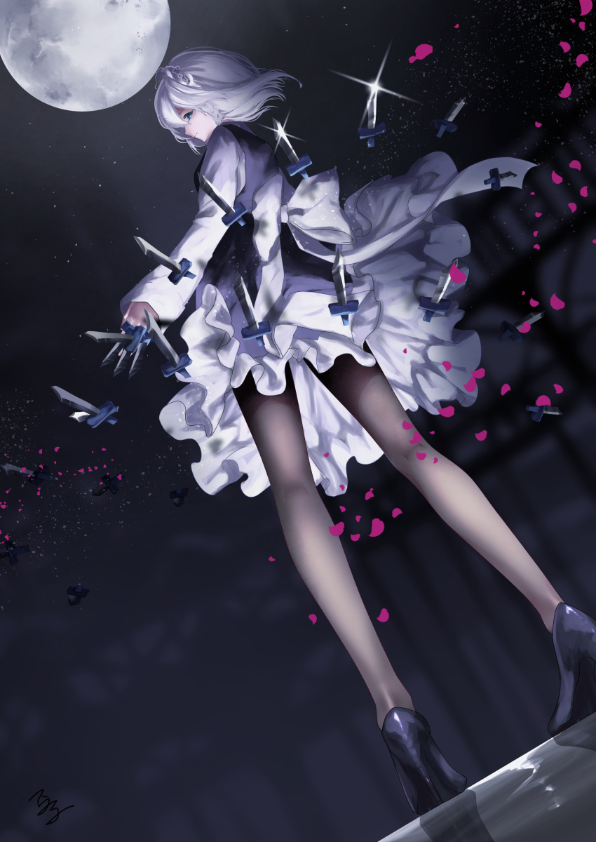 1girl absurdres black_footwear blue_dress blue_eyes bow closed_mouth commentary_request dress dutch_angle falling_petals from_behind full_body full_moon glint grey_pantyhose high_heels highres holding holding_knife izayoi_sakuya knife long_sleeves looking_at_viewer looking_back maid maid_headdress moon night pantyhose petals petticoat pinafore_dress shirt short_hair solo t_terano throwing_knife touhou waist_bow weapon white_bow white_hair white_shirt