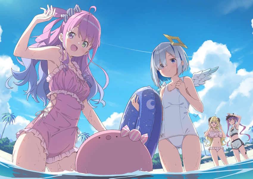 4girls :d :o amane_kanata angel_wings animal_ears beach beach_umbrella bikini bird black_horns blonde_hair blue_eyes blue_sky candy_hair_ornament cloud crescent curled_horns day demon_tail diagonal-striped_bow feathered_wings flying food-themed_hair_ornament gradient_hair green_eyes hair_ornament halo heterochromia highres himemori_luna hololive horns innertube kanzaki_hiro multicolored_hair multiple_girls navel ocean one-piece_swimsuit outdoors palm_tree pink_hair pink_one-piece_swimsuit purple_eyes purple_hair sand school_swimsuit sheep_ears sheep_girl sheep_horns shorts sky smile star_(symbol) star_halo swimsuit tail tokoyami_towa tree tsunomaki_watame twintails umbrella virtual_youtuber water wet white_clouds white_one-piece_swimsuit white_shorts white_swimsuit wings