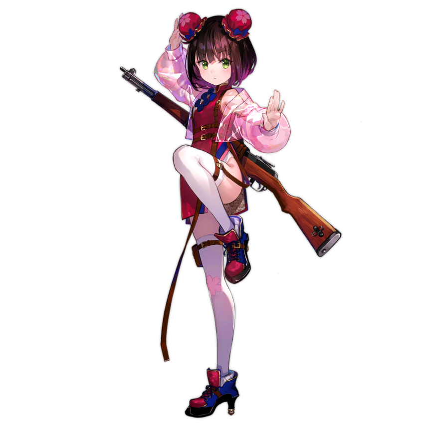 1girl black_hair boots brown_hair china_dress chinese_clothes closed_mouth crane_stance double_bun dress fighting_stance full_body girls'_frontline green_eyes gun gun_on_back hair_bun high_heel_boots high_heels highres jacket kung_fu looking_at_viewer martial_arts multicolored_hair official_alternate_costume official_art red_dress see-through see-through_jacket short_hair simple_background skindentation solo standing standing_on_one_leg thighhighs third-party_source transparent_background type_4_(crane's_poise)_(girls'_frontline) type_4_(girls'_frontline) type_4_rifle weapon weapon_on_back white_thighhighs