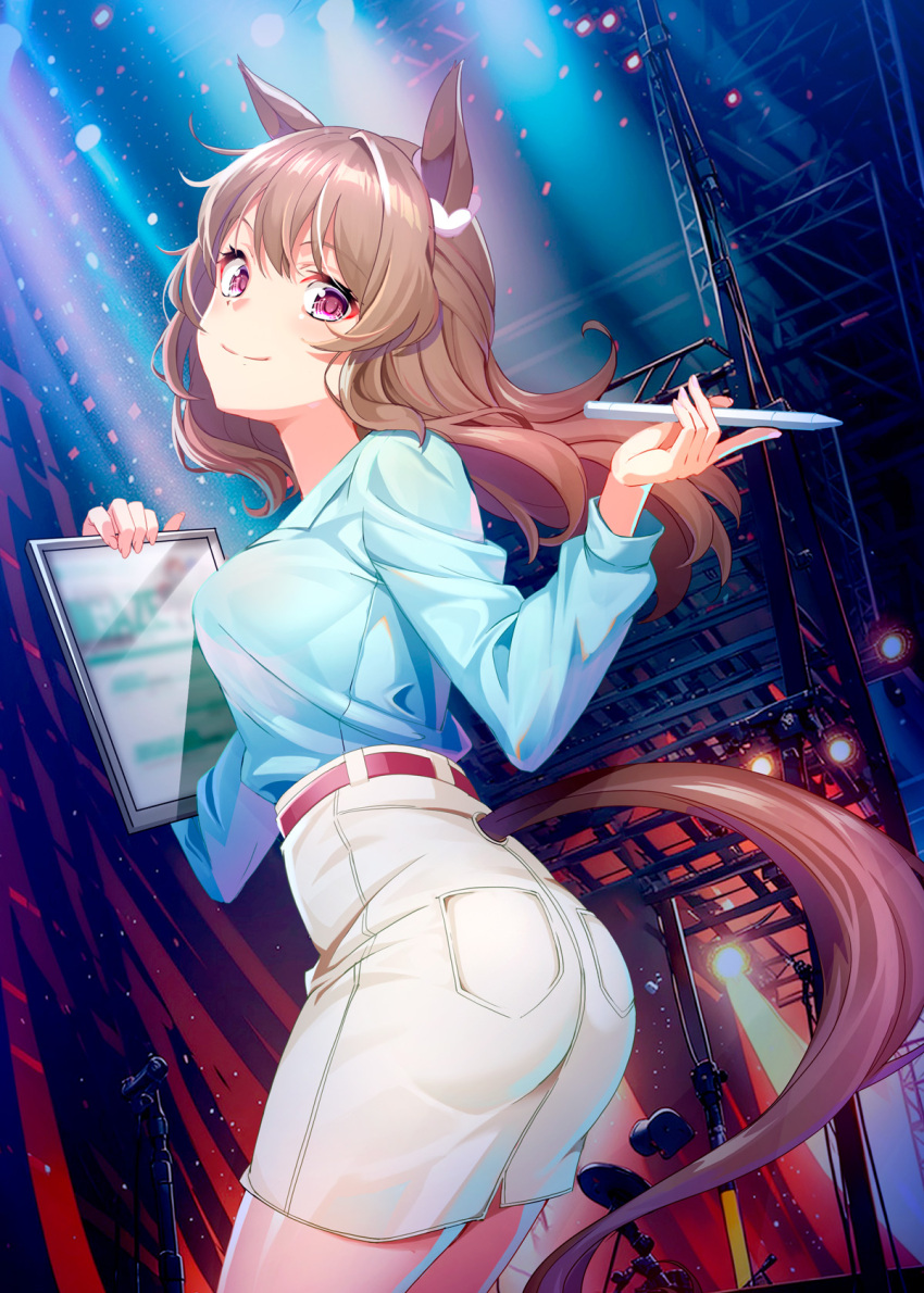 1girl animal_ears ass belt blue_shirt blush breasts brown_belt brown_hair closed_mouth collared_shirt commentary_request cowboy_shot ear_ornament highres holding holding_pen holding_tablet_pc horse_ears horse_girl horse_tail light_hello_(umamusume) long_hair long_sleeves looking_at_viewer medium_breasts pants pen purple_eyes shirt smile solo stage stage_lights tablet_pc tail tail_through_clothes takase_hiro umamusume white_pants