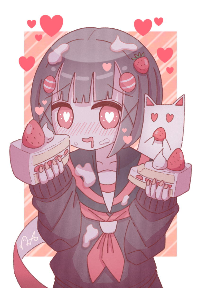 1girl :d black_cardigan blunt_bangs blush border bright_pupils cake cardigan cathead collarbone commentary drooling food food-themed_hair_ornament food_on_face fruit furrowed_brow ghost hair_ornament heart heart-shaped_pupils highres holding holding_cake holding_food holding_fruit looking_at_food looking_to_the_side mouth_drool multicolored_background neckerchief no_nose nose_blush omochi_noa open_mouth original pink_nails red_background red_eyes red_neckerchief red_theme school_uniform serafuku short_hair signature simple_background smile solid_oval_eyes strawberry strawberry_hair_ornament strawberry_shortcake striped striped_background symbol-only_commentary symbol-shaped_pupils uniform upper_body white_border white_pupils x_hair_ornament