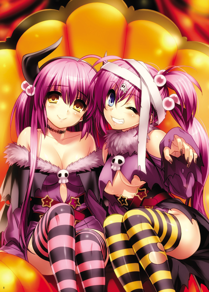 2girls ;d ahoge arm_at_side bandaged_head bandages bare_shoulders belt black_choker black_nails black_skirt blue_eyes blush breasts c: chair choker cleavage closed_mouth collarbone costume curvy demon_horns dress eyelashes eyes_visible_through_hair fake_horns feet_out_of_frame fingernails fur_trim futaki_kanata grin hair_between_eyes hair_bobbles hair_ornament hairclip halloween halloween_costume hand_up highres horns large_breasts legs_together lips little_busters! long_fingernails long_hair multiple_girls nail_polish non-web_source one_eye_closed one_side_up open_mouth pantyhose pink_thighhighs purple_dress purple_hair purple_shirt reaching reaching_towards_viewer saigusa_haruka shirt short_dress siblings side-by-side side_ponytail sisters sitting skirt skull skull_hair_ornament skull_ornament sleeveless sleeveless_dress smile striped striped_thighhighs tareme thighhighs torn_clothes torn_thighhighs twins underboob very_long_hair yellow_eyes yellow_thighhighs zen_(kamuro)
