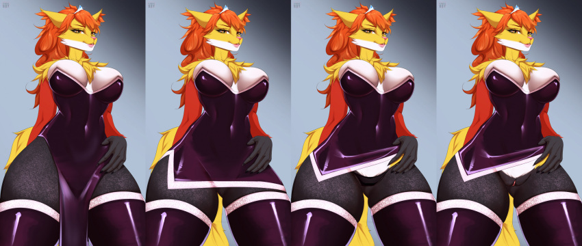 2023 5_fingers anthro biped black_clothing black_panties black_underwear breasts chest_tuft cleavage clothed clothing countershade_face countershade_fur countershade_torso countershading crown delphox digital_media_(artwork) dress eyebrows eyelashes female fingers fur generation_6_pokemon genitals hair headgear hi_res long_hair nintendo no_underwear orange_hair panties phox_(frickinpony) pink_nose pink_pussy pokemon pokemon_(species) pussy shaded solo tiara tuft underwear v3nusbby white_body white_countershading white_fur yellow_body yellow_fur