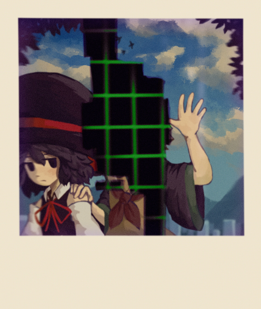 2others androgynous black_eyes black_hair blue_sky brown_neckerchief closed_mouth collared_shirt day detached_sleeves enraku_tsubakura expressionless gzpxllztt highres houlen_yabusame len'en multiple_others neck_ribbon neckerchief other_focus outdoors polaroid red_ribbon ribbon shirt sky waving white_shirt white_sleeves wide_sleeves