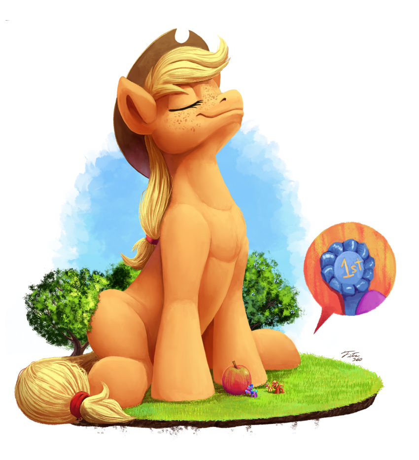 2023 apple_bloom_(mlp) applejack_(mlp) big_macintosh_(mlp) brother brother_and_sister clothing cowboy_hat earth_pony equid equine eyes_closed food friendship_is_magic fruit gradient_background grass hasbro hat headgear headwear hi_res horse macro mammal my_little_pony plant pony pumpkin sibling simple_background sister sitting sky smile tree tsitra360