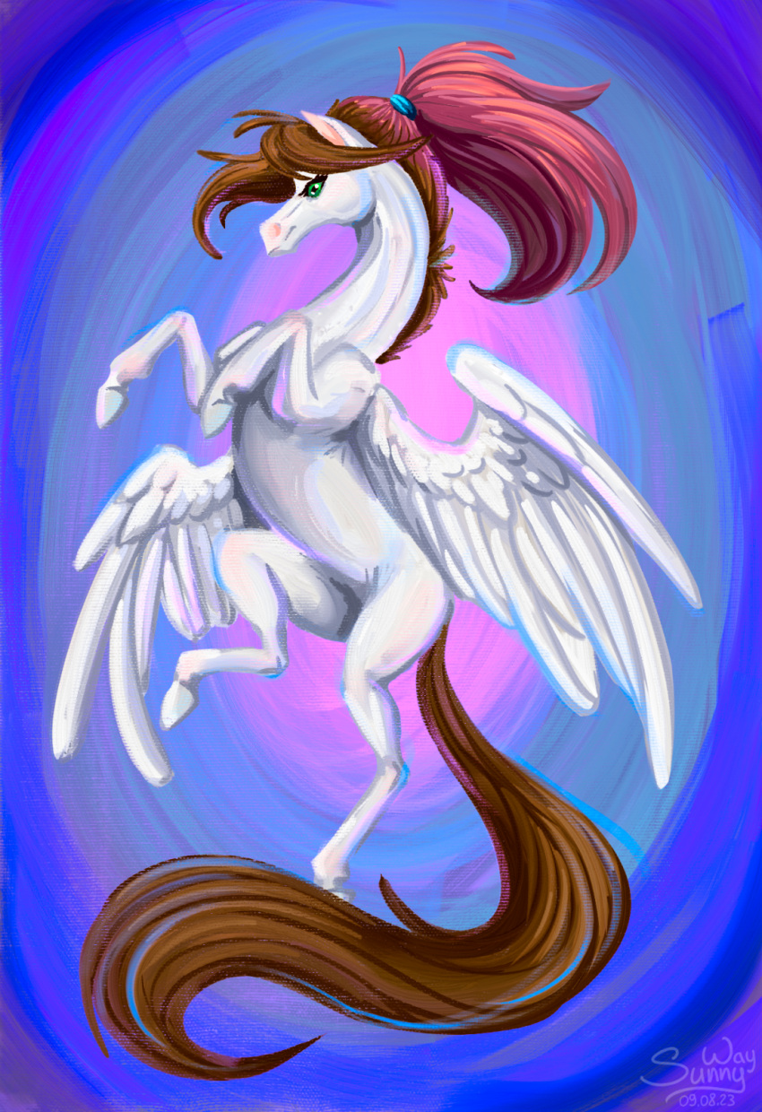 digital_media_(artwork) equid equine feathers female feral flying hair happy hi_res hooves horse mammal pegasus ponytail smile solo sunny_way sunny_way_(character) tail wings