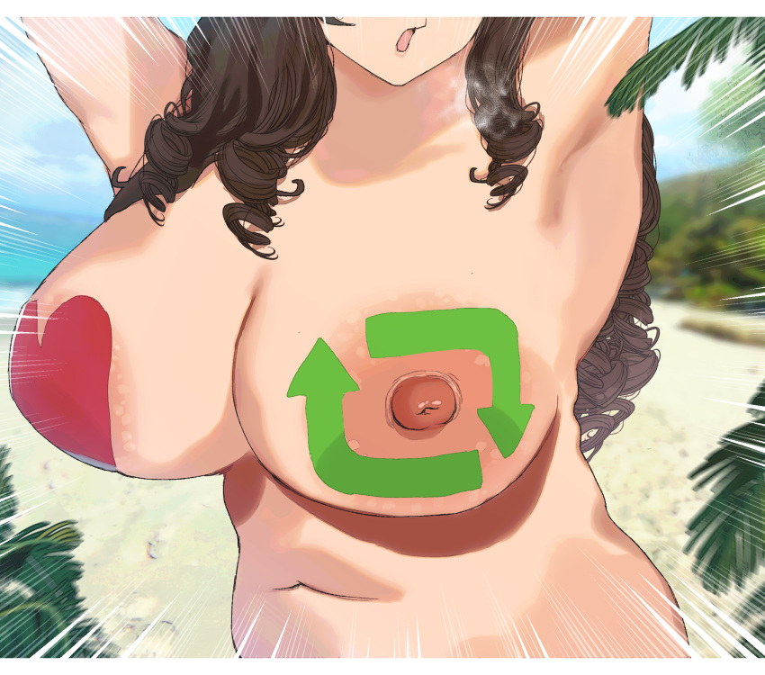 1girl areola_slip armpits arms_up beach black_hair breast_focus breasts cleavage completely_nude drill_hair exhibitionism heart_pasties highres like_and_retweet long_hair navel nipples nude open_mouth original outdoors palm_tree pasties public_indecency ryokucha_michi solo tree