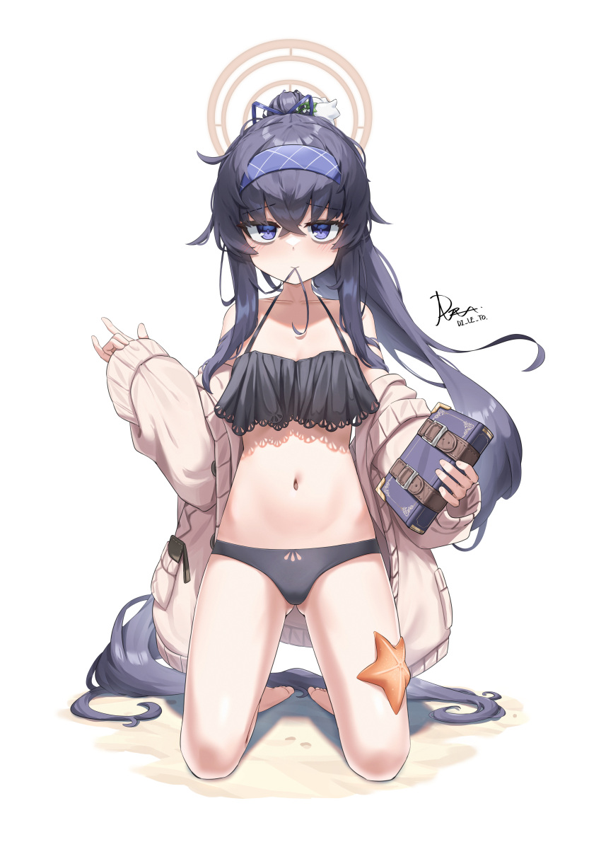 1girl absurdres alternate_costume bags_under_eyes barefoot bikini black_bikini black_hair blue_archive blue_eyes blue_hairband book breasts cardigan commentary_request di_le_to frilled_bikini frills grey_cardigan hair_between_eyes hairband halo highres holding holding_book long_hair long_sleeves looking_at_viewer navel open_cardigan open_clothes ponytail revision small_breasts smile solo starfish stomach swimsuit toes ui_(blue_archive) very_long_hair