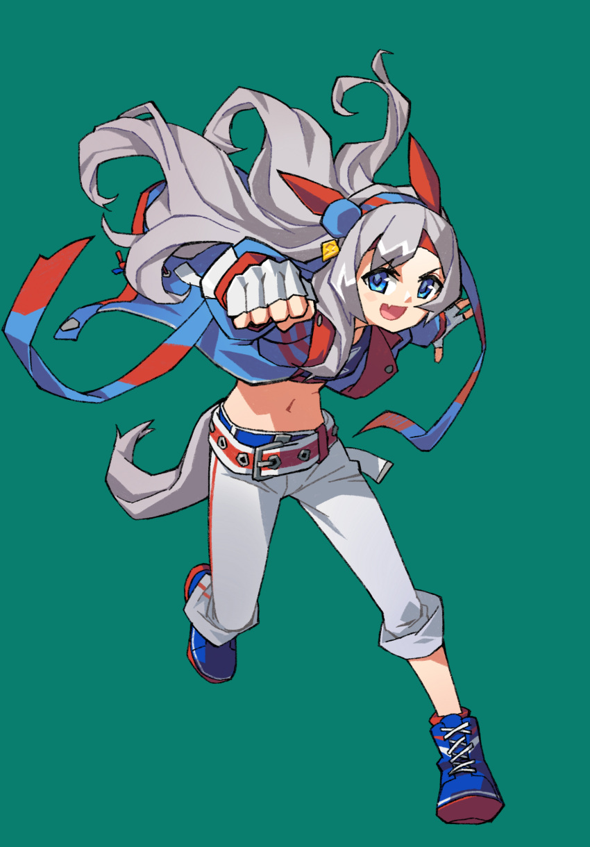 1girl animal_ears belt blue_eyes blue_footwear blue_jacket clenched_hand crop_top fang fingerless_gloves floating_hair full_body gloves green_background grey_hair hairband headband highres horse_ears horse_girl horse_tail jacket long_hair midriff navel open_clothes open_jacket open_mouth pants reaching reaching_towards_viewer running shoes simple_background skin_fang smile sneakers solo standing suzuhara_kenji tail tamamo_cross_(umamusume) umamusume white_gloves white_pants