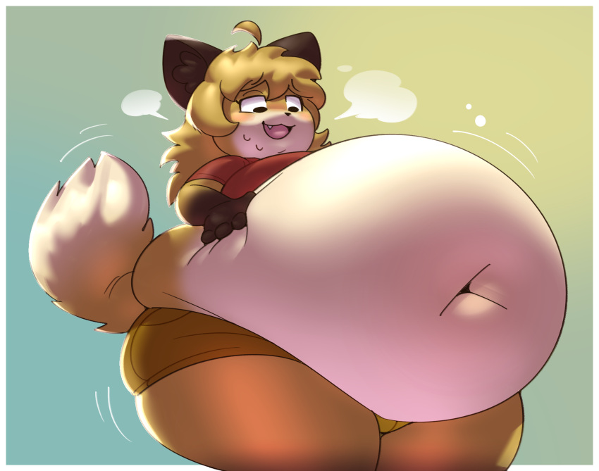 anthro belly big_belly blonde_hair bodily_fluids breath canid canine clothed clothing female fur hair hand_on_stomach hi_res huge_belly mammal mintrimo morbidly_obese morbidly_obese_anthro morbidly_obese_female navel obese obese_anthro obese_female open_mouth overweight overweight_anthro overweight_female simple_background solo stuffing sweat white_body white_fur yellow_body yellow_fur